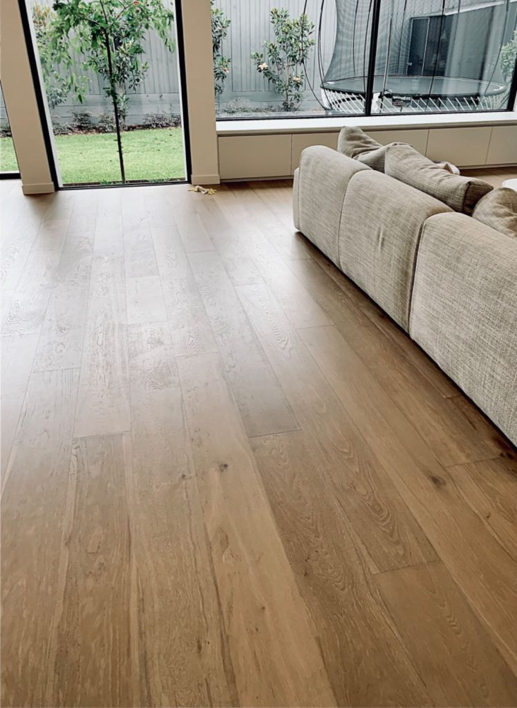 Forest Dusk engineered oak flooring with 220mm wide boards in a Glen Waverley living room