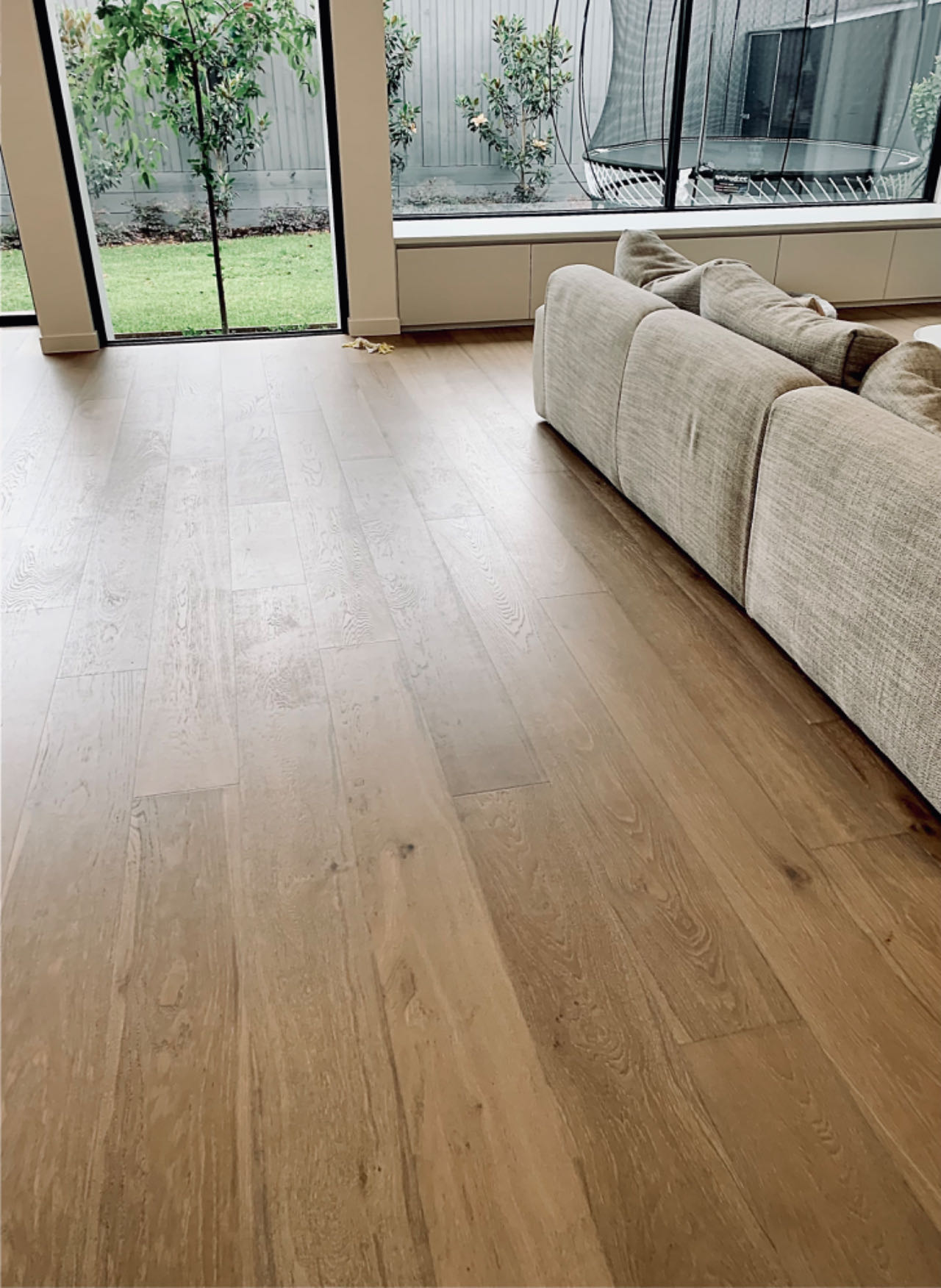 Forest Dusk engineered oak flooring with 220mm wide boards in a Glen Waverley living room