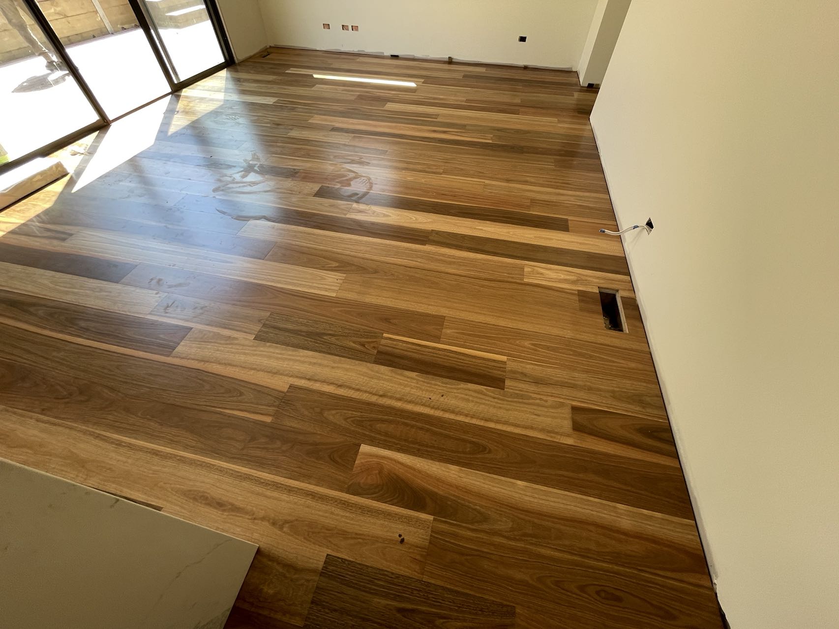 Spotted Gum timber flooring across an open plan living and kitchen area in Glen Iris